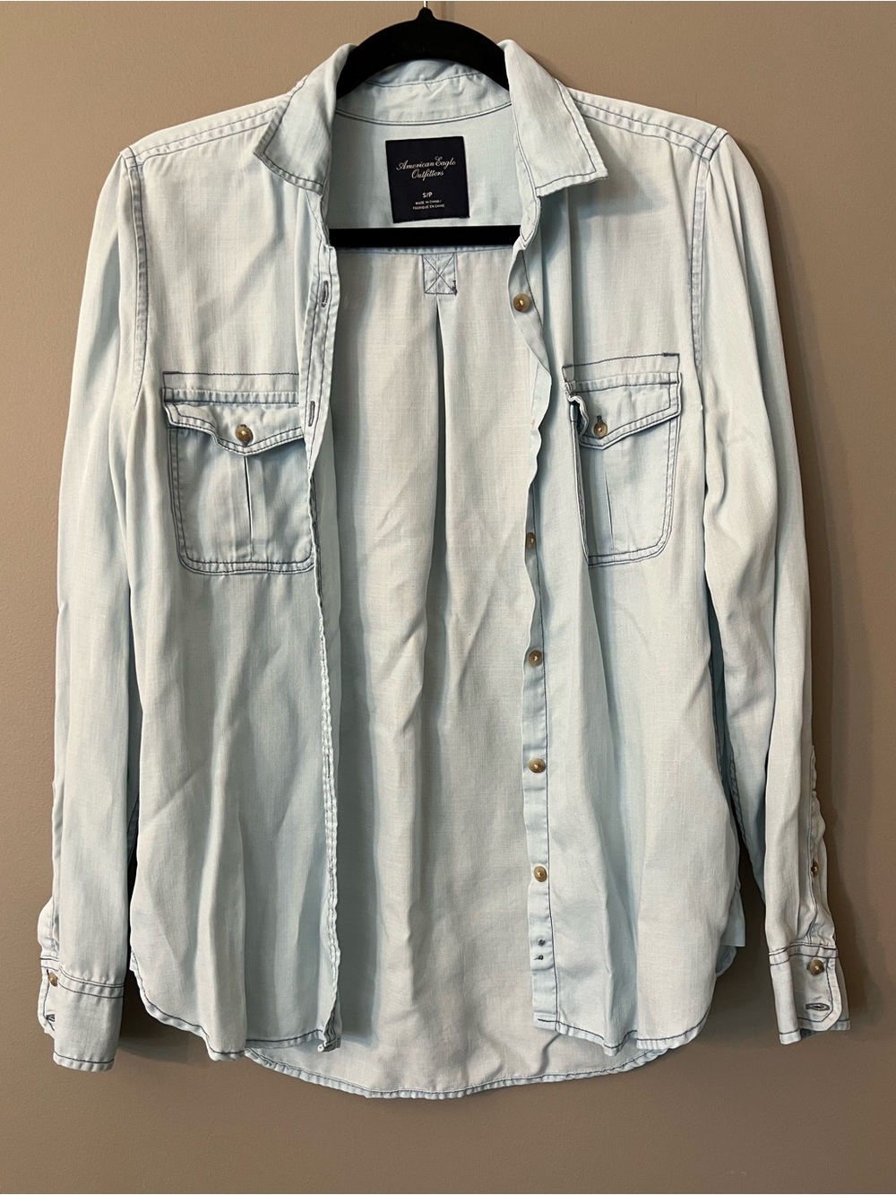 American Eagle Outfitters Pale Blue Denim-Style Button Down Shirt